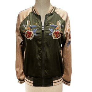 Express Satin Embroidered Bomber / Varsity “Souvenir” Jacket – Olive & Blush